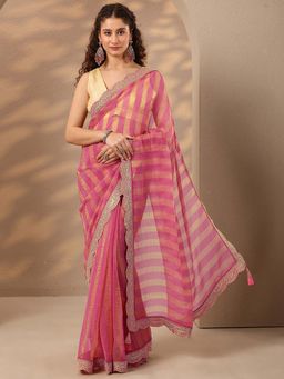 Libas - Women Pink Stripes Printed Embroidered Border Saree with Unstitched Blouse