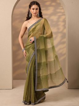 Libas - Women Olive Stripes Printed Embroidered Border Saree with Unstitched Blouse