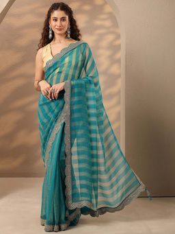 Libas - Women Blue Stripes Printed Embroidered Border Saree with Unstitched Blouse