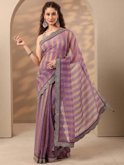 Libas - Women Lavender Stripes Printed Embroidered Border Saree with Unstitched Blouse