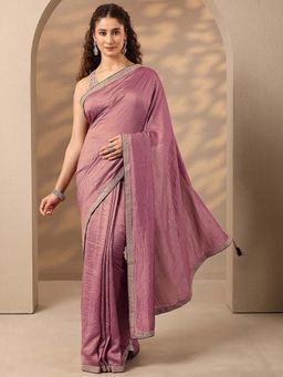 Libas - Women Mauve Solid Embroidered Silk Blend Saree with Unstitched Blouse