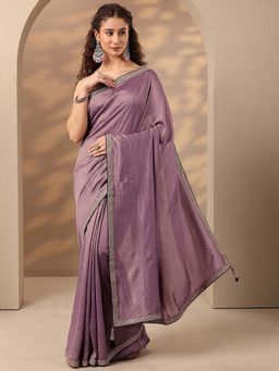 Libas - Women Lavender Solid Embroidered Silk Blend Saree with Unstitched Blouse