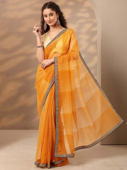 Libas - Women Mustard Stripes Printed Embroidered Border Saree with Unstitched Blouse