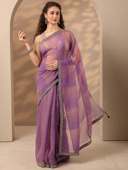 Libas - Women Purple Stripes Printed Embroidered Border Saree with Unstitched Blouse
