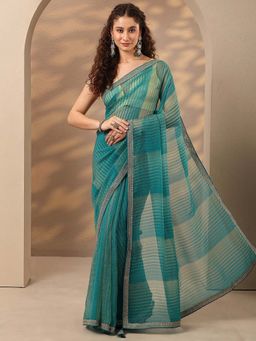 Libas - Women Teal Stripes Printed Embroidered Border Saree with Unstitched Blouse