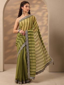 Libas - Women Olive Stripes Printed Embroidered Border Saree with Unstitched Blouse