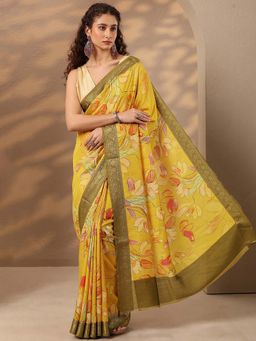 Libas - Women Yellow Floral Printed Silk Blend Saree with Unstitched Blouse
