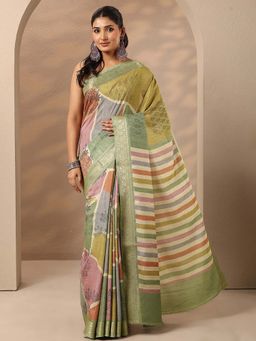 Libas - Women Green Floral Printed Silk Blend Saree with Unstitched Blouse