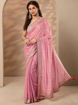 Libas - Women Pink Embroidered Stone Work Silk Blend Saree with Unstitched Blouse