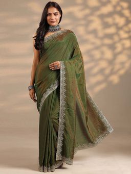Libas - Women Green Embroidered Stone Work Silk Blend Saree with Unstitched Blouse