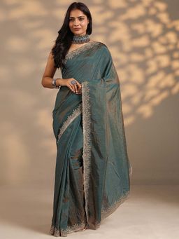 Libas - Women Blue Embroidered Stone Work Silk Blend Saree with Unstitched Blouse