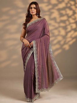 Libas - Women Mauve Embroidered Stone Work Silk Blend Saree with Unstitched Blouse