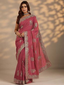 Libas - Women Pink Embroidered Organza Saree with Unstitched Blouse