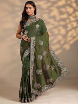 Libas - Women Green Embroidered Organza Saree with Unstitched Blouse