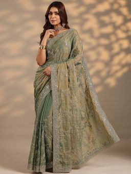 Libas - Women Green Embroidered Sequined Organza Saree with Unstitched Blouse