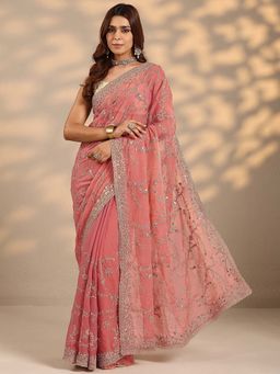 Libas - Women Peach Embroidered Sequined Organza Saree with Unstitched Blouse