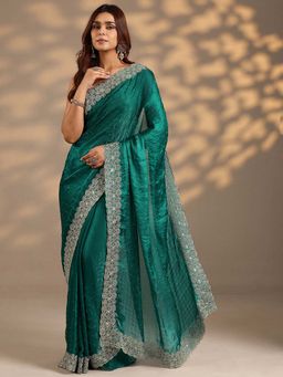 Libas - Women Green Embroidered Stone Work Silk Blend Saree with Unstitched Blouse