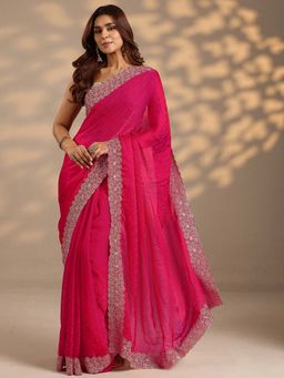 Libas - Women Pink Embroidered Stone Work Silk Blend Saree with Unstitched Blouse