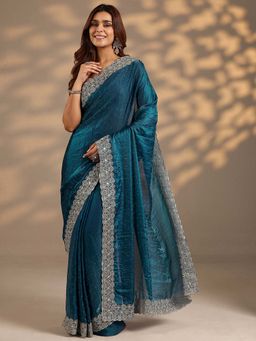 Libas - Women Teal Embroidered Stone Work Silk Blend Saree with Unstitched Blouse