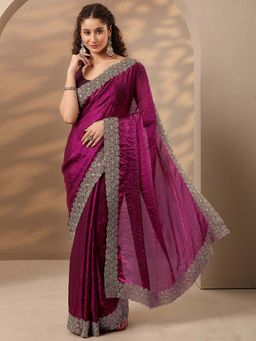 Libas - Women Wine Embroidered Stone Work Silk Blend Saree with Unstitched Blouse
