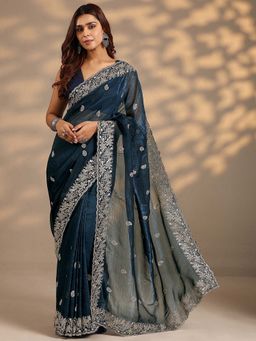 Libas - Women Navy Blue Floral Embroidered Silk Blend Saree with Unstitched Blouse