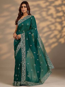 Libas - Women Green Floral Embroidered Silk Blend Saree with Unstitched Blouse