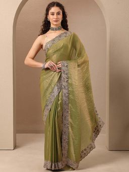Libas - Women Olive Embroidered Stone Work Silk Blend Saree with Unstitched Blouse