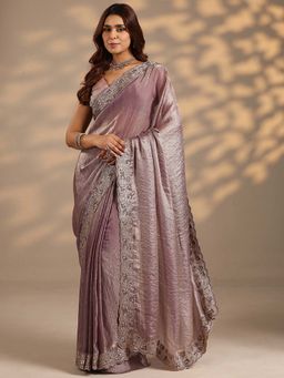 Libas - Women Lavender Embroidered Stone Work Silk Blend Saree with Unstitched Blouse