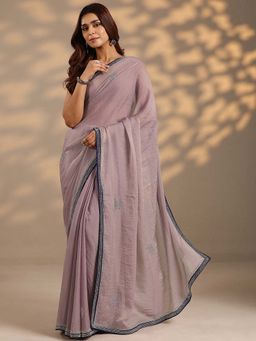 Libas - Women Lavender Embellished Stone Work Organza Saree with Unstitched Blouse