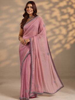 Libas - Women Pink Embellished Stone Work Organza Saree with Unstitched Blouse