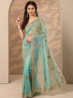 Libas - Women Sea Blue Embroidered Stone Work Net Saree with Unstitched Blouse