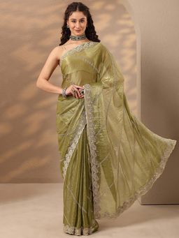 Libas - Women Olive Embroidered Stone Work Silk Blend Saree with Unstitched Blouse