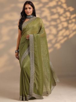 Libas - Women Pista Green Embroidered Stone Work Silk Blend Saree with Unstitched Blouse