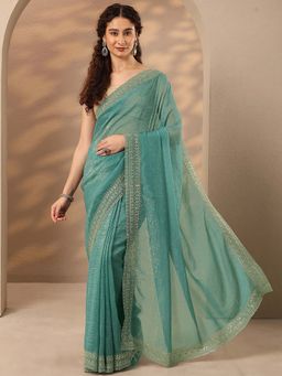Libas - Women Sea Blue Embroidered Stone Work Saree with Unstitched Blouse