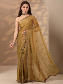 Libas - Women Olive Embellished Stone Work Silk Blend Saree with Unstitched Blouse