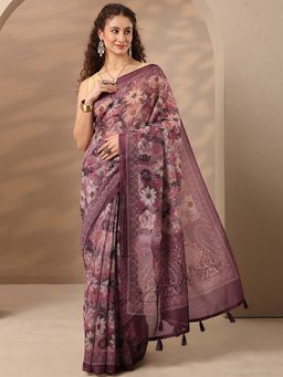 Libas - Women Purple Floral Printed Silk Blend Saree with Unstitched Blouse