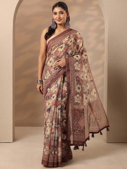 Libas - Women Light Brown Floral Printed Silk Blend Saree with Unstitched Blouse