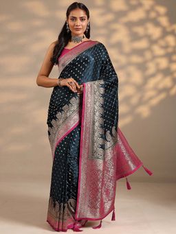 Libas - Women Navy Blue Woven Stone Work Silk Blend Saree with Unstitched Blouse