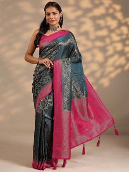 Libas - Women Teal Woven Stone Work Silk Blend Saree with Unstitched Blouse