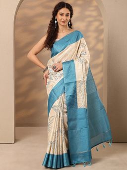 Libas - Women Cream-Blue Floral Printed Silk Blend Saree with Unstitched Blouse