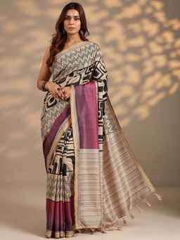 Libas - Women Beige Printed Silk Blend Saree with Unstitched Blouse
