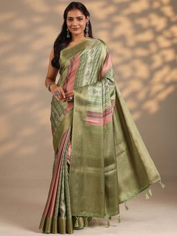 Libas - Women Green Floral Printed Woven Design Silk Blend Saree with Unstitched Blouse