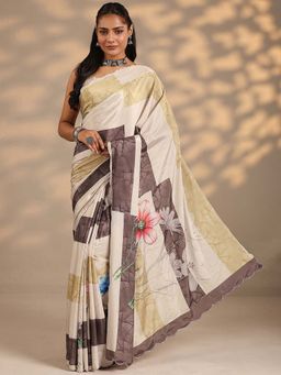 Libas - Women Beige Floral Printed Silk Blend Saree with Unstitched Blouse
