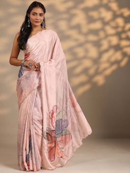 Libas - Women Peach Floral Printed Beads Work Silk Blend Saree with Unstitched Blouse