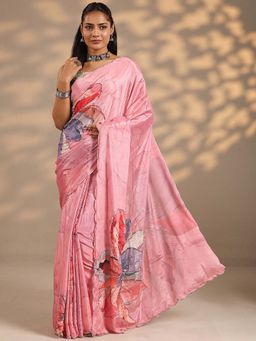 Libas - Women Dark Peach Floral Printed Beads Work Silk Blend Saree with Unstitched Blouse