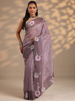 Libas - Women Mauve Floral Printed Beads Design Silk Blend Saree with Unstitched Blouse