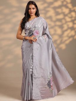 Libas - Women Grey Floral Printed Beads Design Silk Blend Saree with Unstitched Blouse