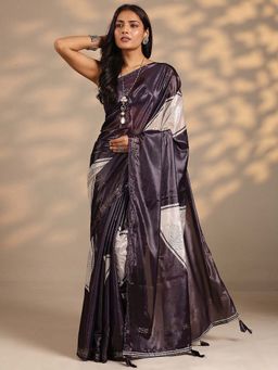 Libas - Women Purple Printed Embellished Silk Blend Saree with Unstitched Blouse