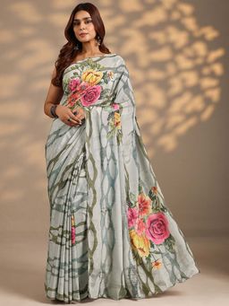 Libas - Women Grey Floral Printed Beads Work Silk Blend Saree with Unstitched Blouse