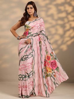 Libas - Women Pink Floral Printed Beads Work Silk Blend Saree with Unstitched Blouse
